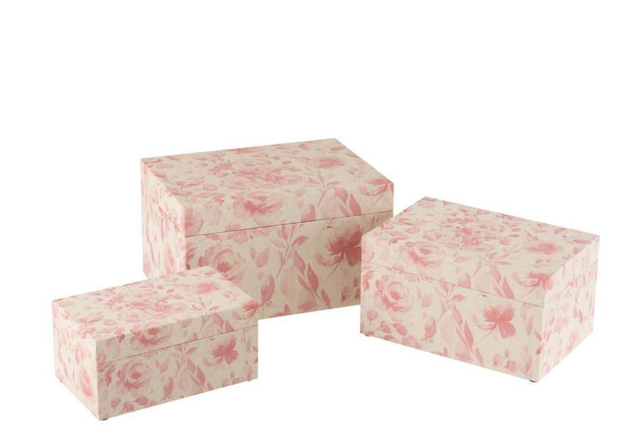 SET OF THREE BOXES ROSES MDF WHITE/PINK