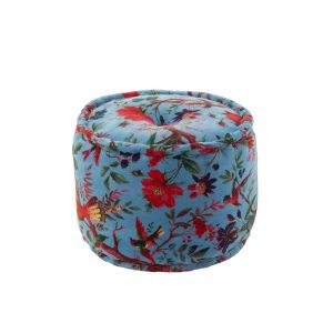 POUF ROUND BIRDS/FLOWERS COTTON VELVET BLUE