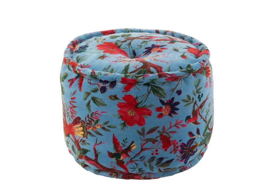 POUF ROUND BIRDS/FLOWERS COTTON VELVET BLUE