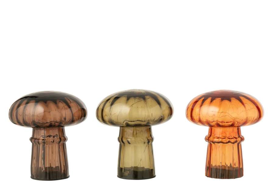 MUSHROOM LED GLASS COGNAC/OLIVE SMALL ASSORTMENT OF 3