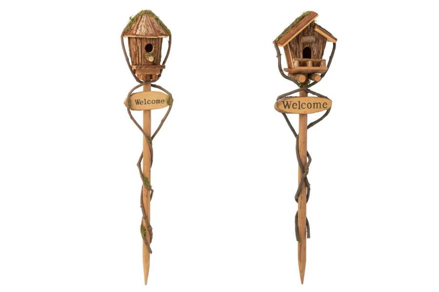 BIRDHOUSE ON STICK FIR WOOD NATURAL ASSORTMENT OF 2