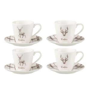 BOX OF 4 TEA CUP+SAUCER REINDEER WINDOWNBOX CERANMICS WHITE/BROWN LARGE