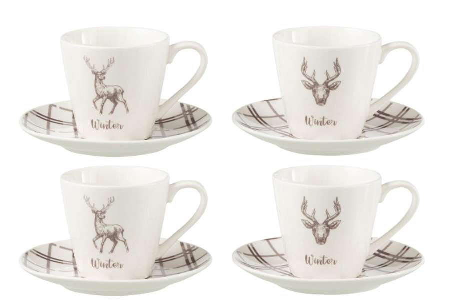 BOX OF 4 TEA CUP+SAUCER REINDEER WINDOWNBOX CERANMICS WHITE/BROWN LARGE