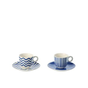 BOX OF 2 COFFEE CUP  +  SAUCER STRIPED PORCELAIN BLUE/WHITE SMALL