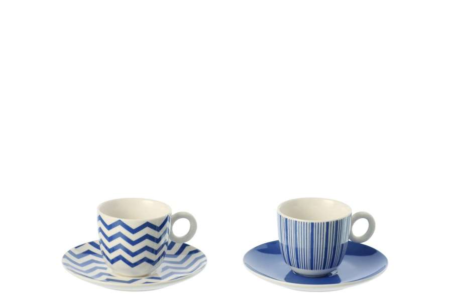 BOX OF 2 COFFEE CUP  +  SAUCER STRIPED PORCELAIN BLUE/WHITE SMALL