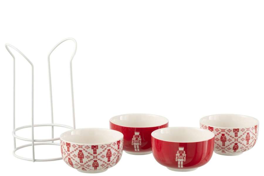 BOX OF 4 BOWL+MEATAL RACK NUTCRACKERS WINDOWBOX CERANMICS RED