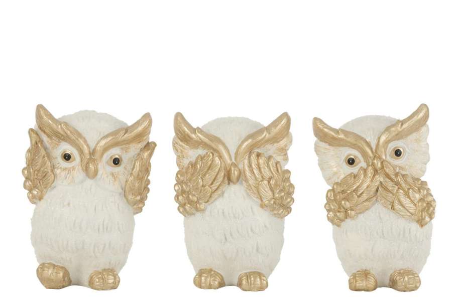OWL SEE/HEAR/SPEAK RESIN GOLD LARGE ASSORTMENT OF 3