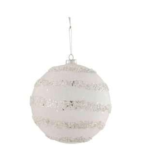 CHRISTMAS BAUBLE LINES GLITTER+PEARLS WHITE/SILVER GLASS MATTE WHITE EXTRA LARGE