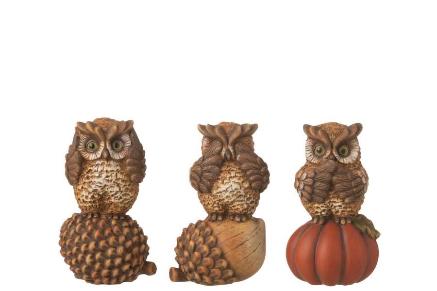 OWL SEE/HEAR/SPEAK PORCELAIN BROWN ASSORTMENT OF 3