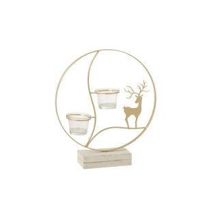 TEALIGHT HOLDER REINDEER ROUND WOOD GOLD COLORED/WHITE