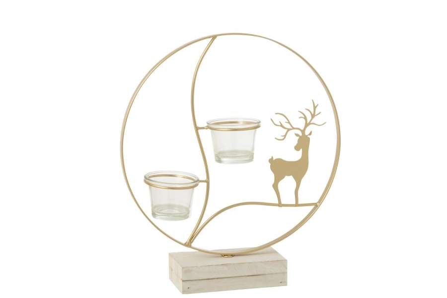 TEALIGHT HOLDER REINDEER ROUND WOOD GOLD COLORED/WHITE