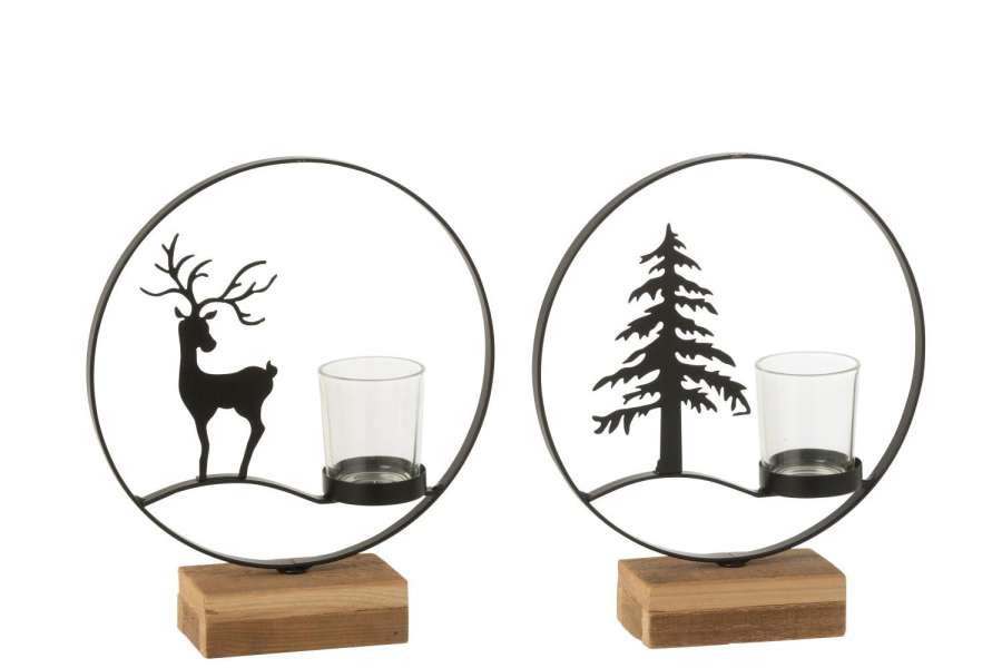 TEALIGHT HOLDER REINDEER ROUND WOOD BLACK/NATURAL ASSORTMENT OF 2
