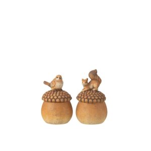 BIRD+SQUIRREL ON ACORN PORCELAIN BROWN SMALL ASSORTMENT OF 2