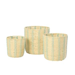 SET OF 3 BASKET ROUND STRIPED PAPER NATURAL/AZURE BLUE