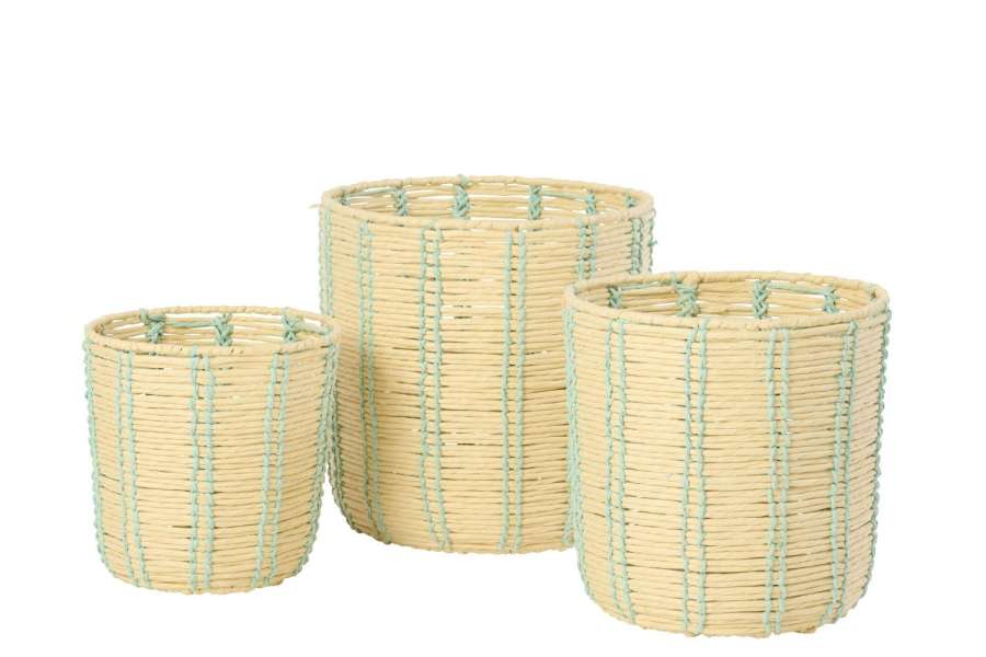 SET OF 3 BASKET ROUND STRIPED PAPER NATURAL/AZURE BLUE