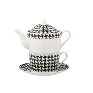 BOX OF 1 TEAPOT PIED-DE-POULE PORCELAIN WHITE/BLACK