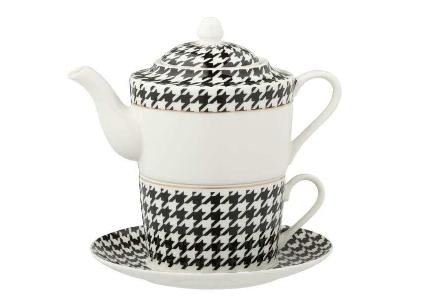 BOX OF 1 TEAPOT PIED-DE-POULE PORCELAIN WHITE/BLACK