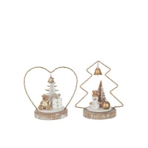 BEAR + SNOWMAN LED TREE + HEART PLYWOOD WHITE/GOLD COLORED ASSORTMENT OF 2