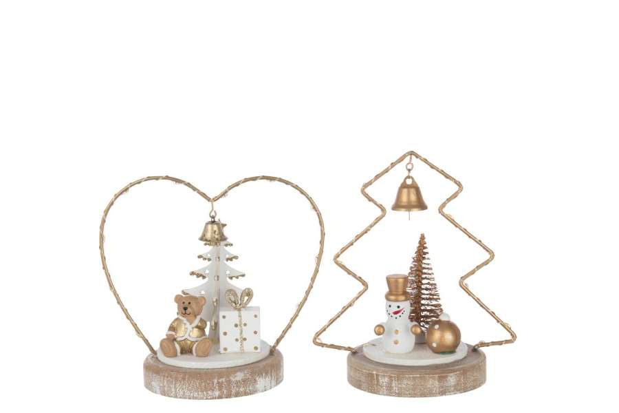 BEAR + SNOWMAN LED TREE + HEART PLYWOOD WHITE/GOLD COLORED ASSORTMENT OF 2