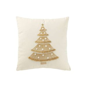 CUSHION CHRISTMAS TREE FRINGES+POMPOMS COTTON WHITE/GOLD