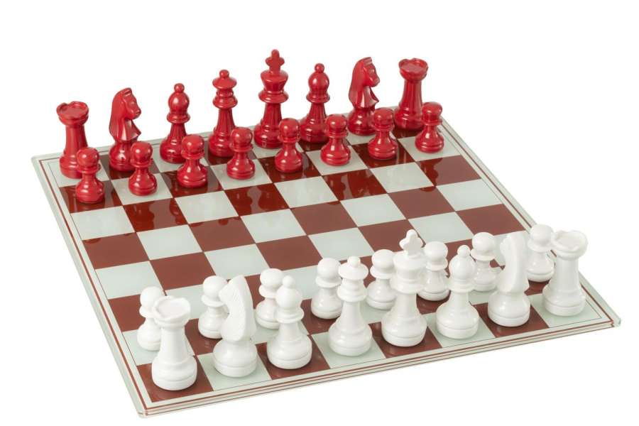 CHESS SET BOARD POLYRESIN WHITE/CHRISTMAS RED