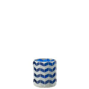 CANDLE HOLDER GLASS BLUE/WHITE SMALL