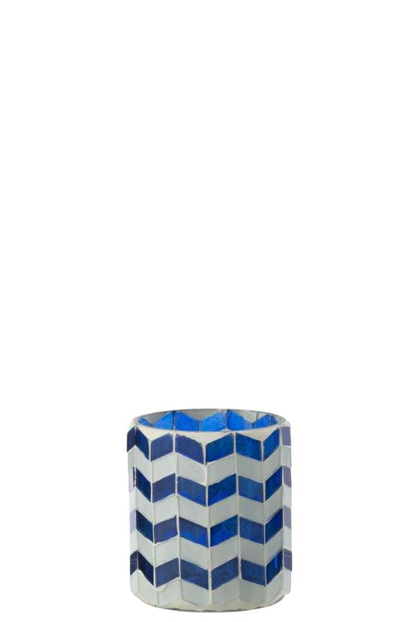 CANDLE HOLDER GLASS BLUE/WHITE SMALL
