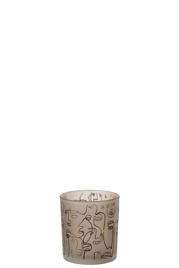 TEALIGHT HOLDER HAPPY FACES GLASS BEIGE SMALL