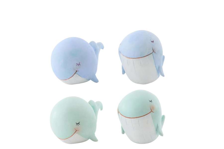 WHALE POLYRESIN LIGHT BLUE/LIGHT GREEN SMALL ASSORTMENT OF 4
