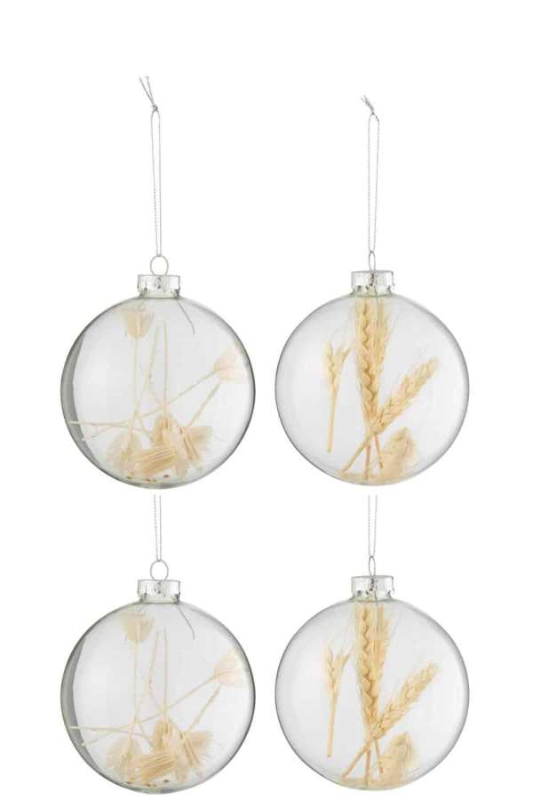 BOX OF 4 CHRISTMAS BAUBLES 2+2 DRIED BRANCHES BEIGE GLASS TRANSPARENT LARGE