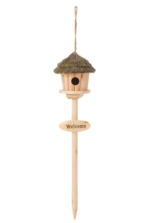 BIRDHOUSE ON STAND WELCOME WOOD/DRIED GRASS NATURAL