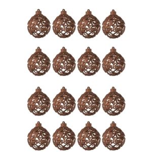 BOX OF 16 CHRISTMAS BAUBLE BAROQUE PATTERN PLASTIC DARK BROWN
