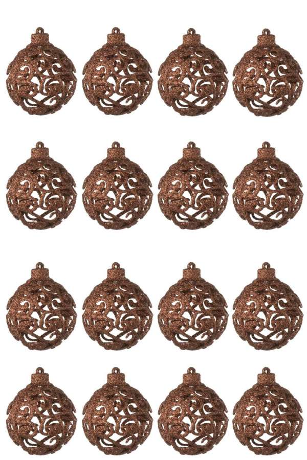 BOX OF 16 CHRISTMAS BAUBLE BAROQUE PATTERN PLASTIC DARK BROWN