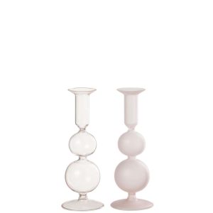 CANDLE HOLDER 2 ORBS MATTE/TRANSPARENT GLASS LIGHT PINK ASSORTMENT OF 2