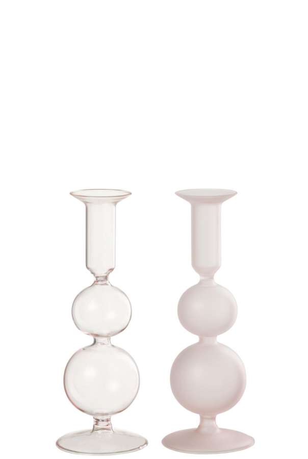 CANDLE HOLDER 2 ORBS MATTE/TRANSPARENT GLASS LIGHT PINK ASSORTMENT OF 2
