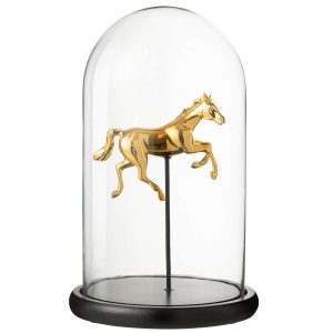 DECORATIVE BELL JAR HORSE GLASS GOLD COLORED/BLACK LARGE