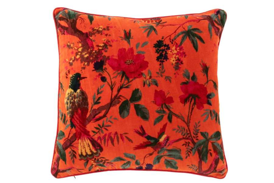 CUSHION BIRDS/FLOWERS COTTON VELVET ORANGE