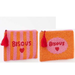 POUCH BISOUS STRIPED COTTON PINK/ORANGE ASSORTMENT OF 2