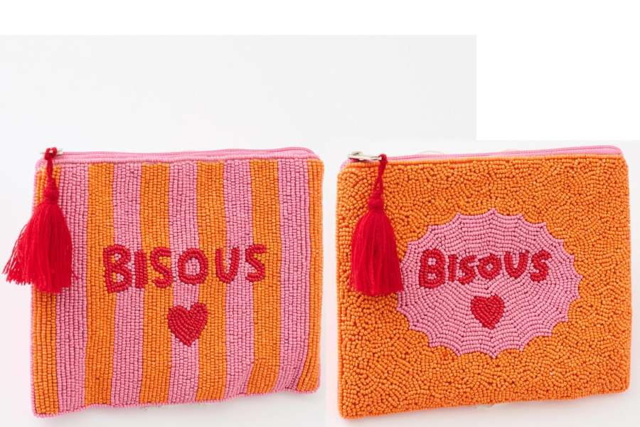 POUCH BISOUS STRIPED COTTON PINK/ORANGE ASSORTMENT OF 2