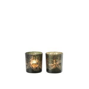 TEALICHT HOLDER FLOWERS GLASS KAKHI GREEN/ANTIQUE KAKHI GREEN SMALL ASSORTMENT OF 2