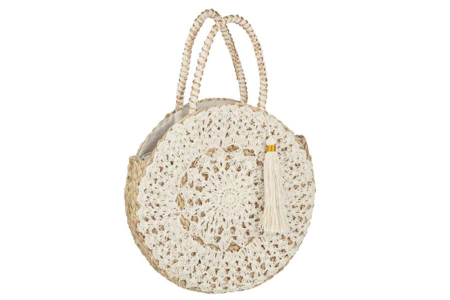 BEACH BAG ROUND+TASSEL SEAGRASS/LACE NATURAL/WHITE