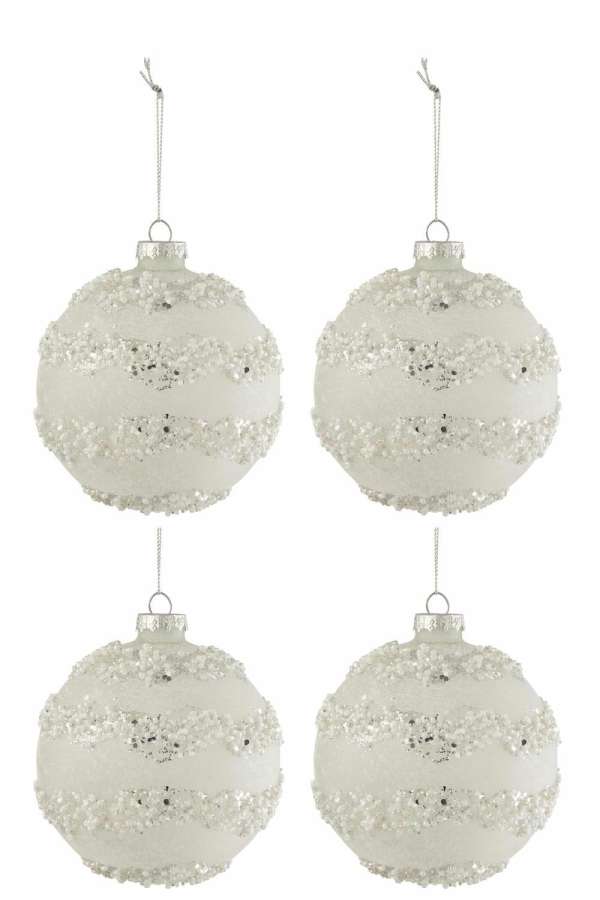 BOX OF 4 CHRISTMAS BAUBLES LINES GLITTER+PEARLS WHITE/SILVER GLASS MATTE WHITE MEDIUM