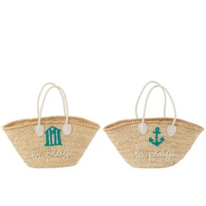 BEACH BAG LA PLAGE CORN HUSK NATURAL/WHITE/AZURE ASSORTMENT OF 2