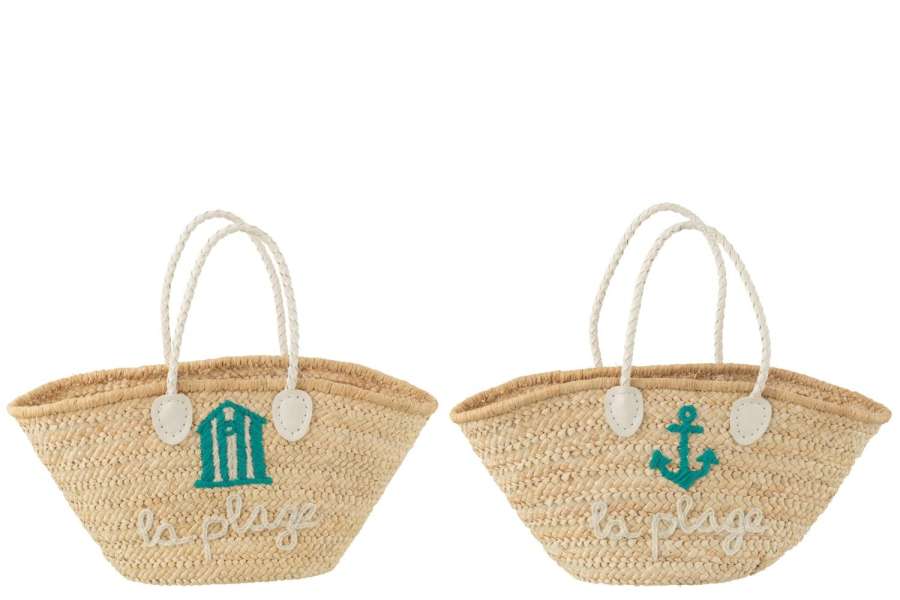 BEACH BAG LA PLAGE CORN HUSK NATURAL/WHITE/AZURE ASSORTMENT OF 2