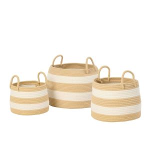 SET OF 3 BASKET WITH HANDLE ROUND STRIPED POLYESTER NATURAL/WHITE