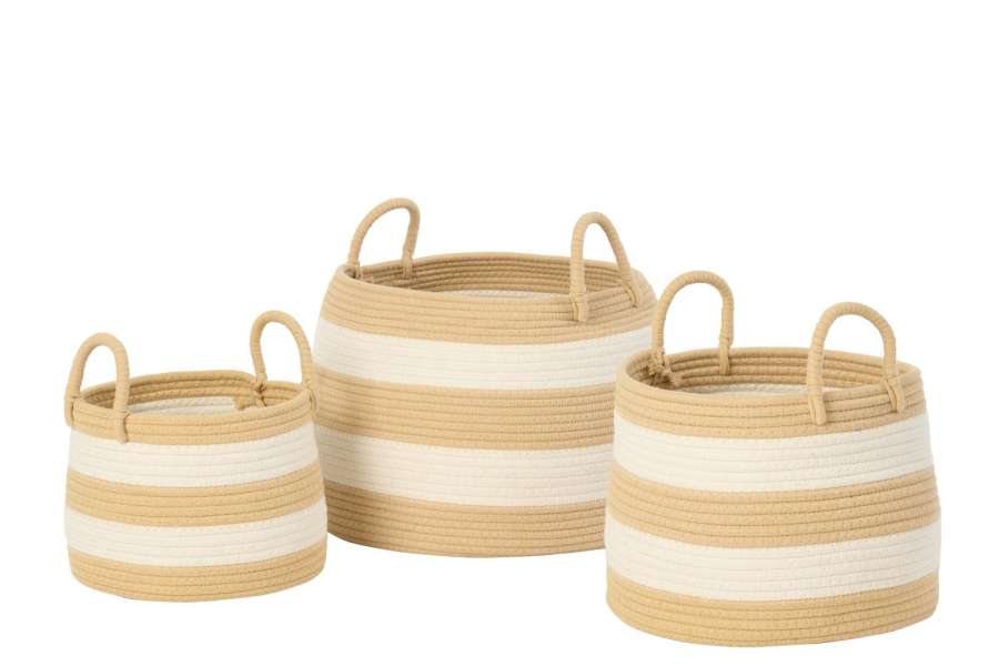 SET OF 3 BASKET WITH HANDLE ROUND STRIPED POLYESTER NATURAL/WHITE