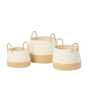 SET OF 3 BASKET WITH HANDLE ROUND POLYESTER NATURAL/WHITE