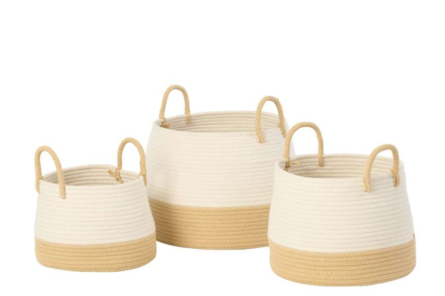 SET OF 3 BASKET WITH HANDLE ROUND POLYESTER NATURAL/WHITE