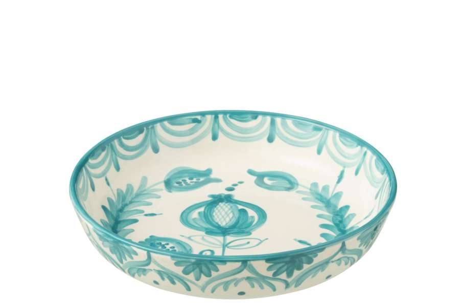 BOWL GRANADA LOW CERAMIC WHITE/AQUA LARGE