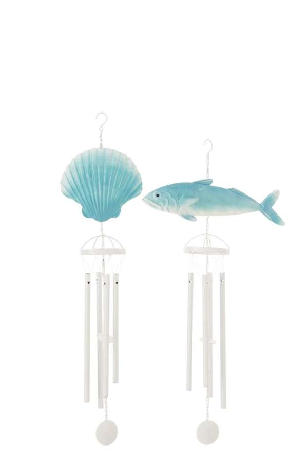 WIND CHIME FISH/SHELL IRON LIGHT BLUE/WHITE ASSORTMENT OF 2